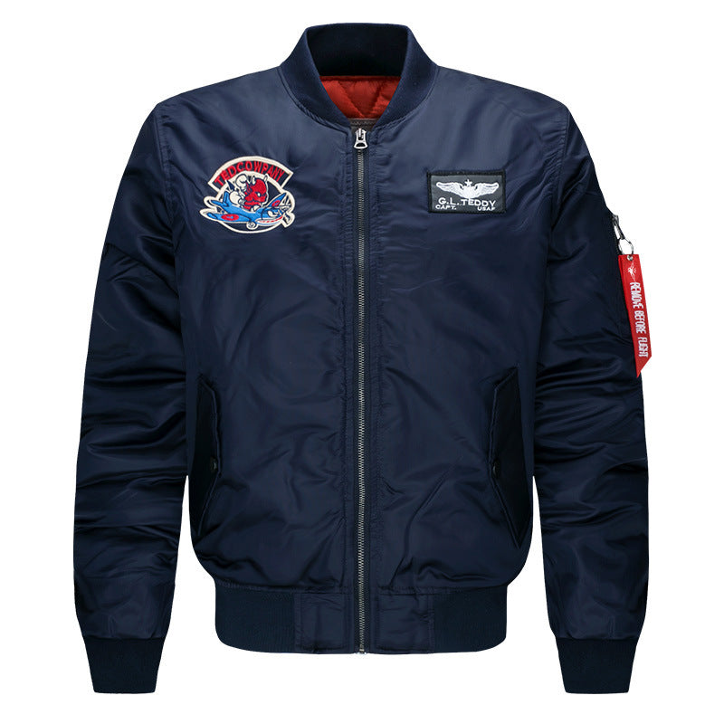 Men's  low-profile flight bomber with embroidered crests sleeve zipper utility pocket and insulated orange lining Drune