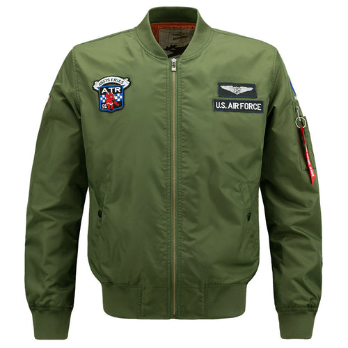 Men's  vintage aviator zip bomber jacket with embroidered squadron badges and tool-ring sleeve pocket Drune