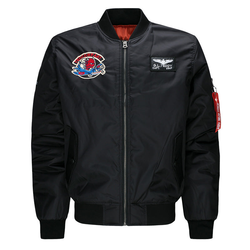 Men's  low-profile flight bomber with embroidered crests sleeve zipper utility pocket and insulated orange lining Drune