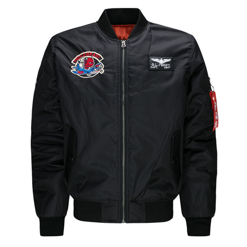 Men's  low-profile flight bomber with embroidered crests sleeve zipper utility pocket and insulated orange lining Drune