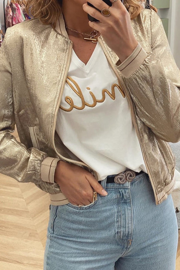 Drune | Khaki Metallic Reißverschluss Baseballjacke