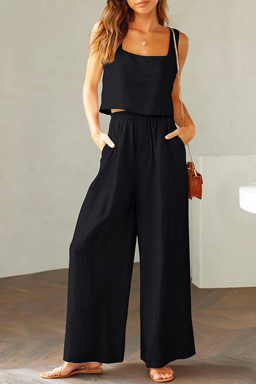 Drune | Rosiedress Quadratischer Kragen Cami Crop Top Weite Bein Hose Baumwolle Leinen Set