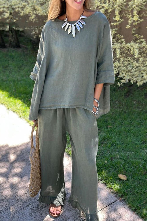 Drune | Rosiedress Baumwolle Leinen 3/4 Ärmel Pullover Top Weite Hose Rüschen Saum Set