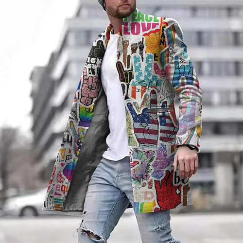 Drune | Herren Langer Grafikmantel - Bunt Bedruckt Modern