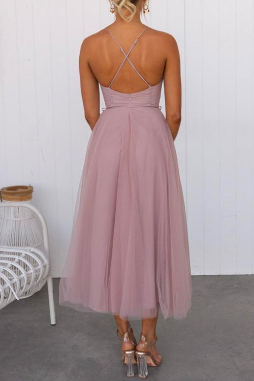 Drune | Rosiedress Rückenausschnitt Bindegürtel Mesh Swing Maxi Spaghettiträger Kleid