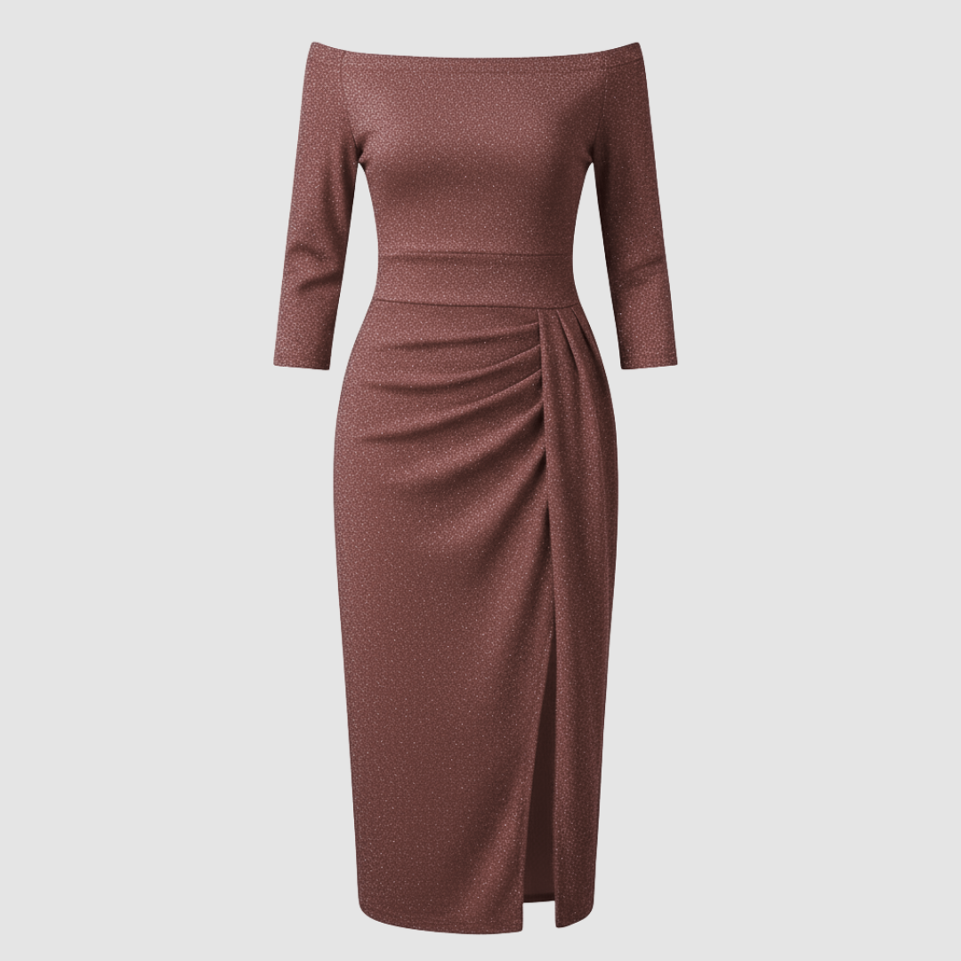Elegantes Hochzeitsgast Kleid Off Shoulder Lang Satin | Drune