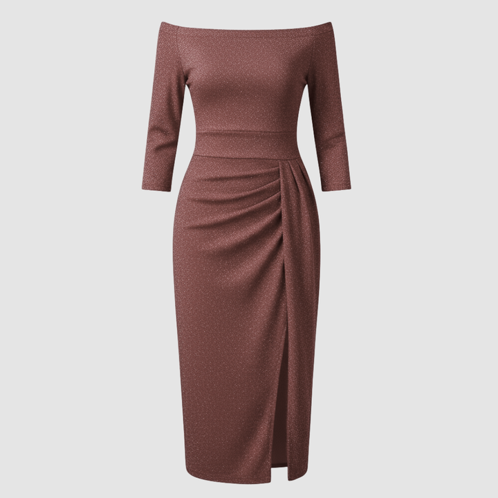 Elegantes Hochzeitsgast Kleid Off Shoulder Lang Satin | Drune