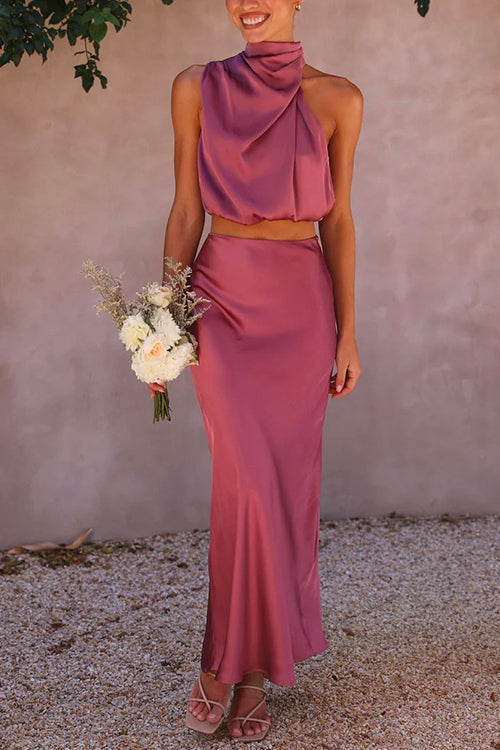 Drune | Rosiedress Rollkragen ärmelloses Cropped Top Hochtaillierter Maxirock Satin Set