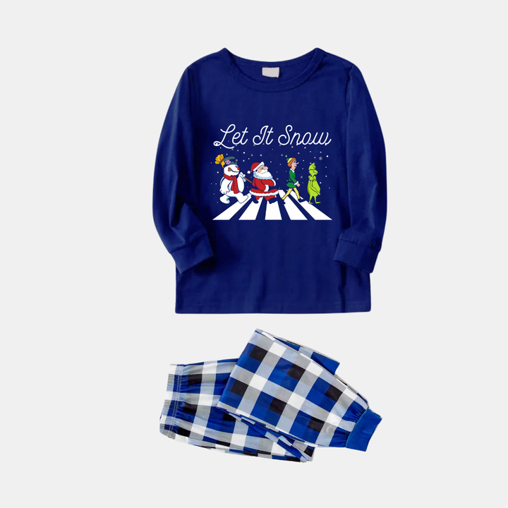 Drune | Paar Marineblau & Weiß Kariertes Pyjama-Set mit Weihnachtsmann und Cartoon-Muster-Druck