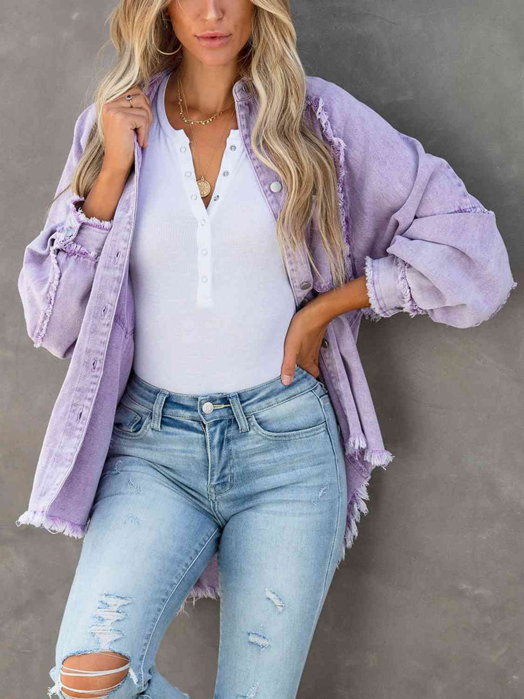 Drune | Button Down Raw Hem Denim Jacke