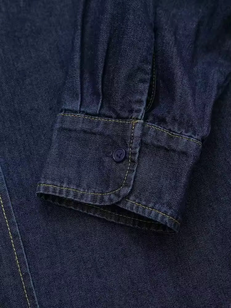 Drune | Dunkle Denim Bluse Mit Schleifenkragen