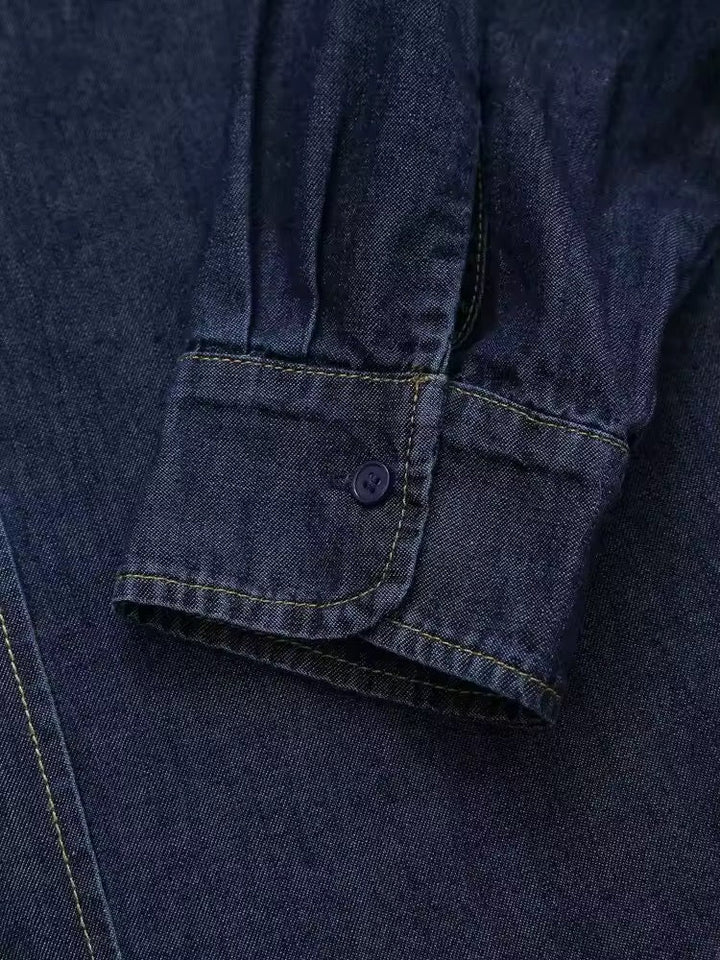 Drune | Dunkle Denim Bluse Mit Schleifenkragen