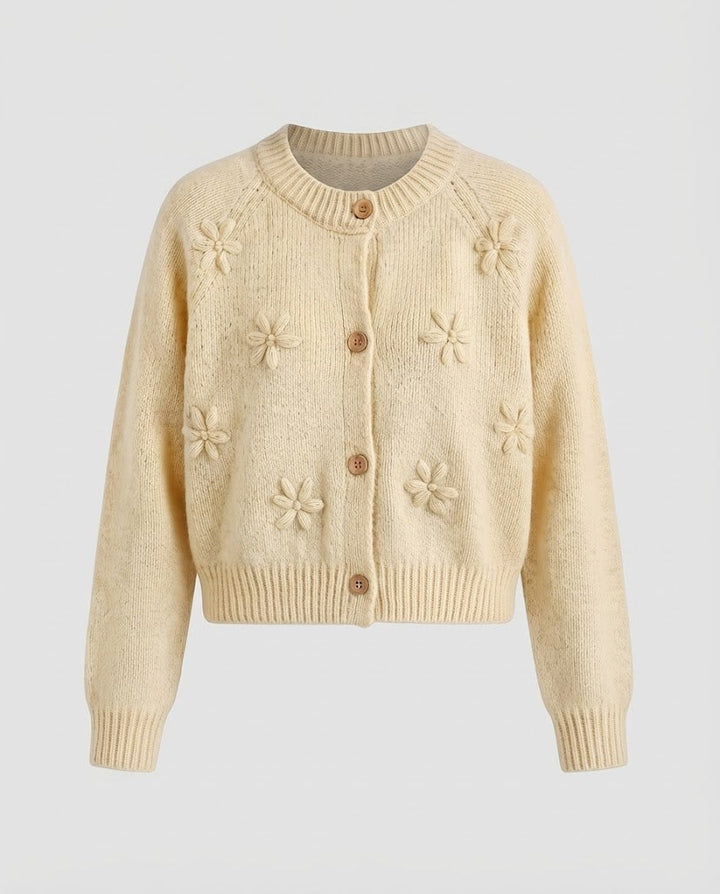 Damen Kurz geschnittene Strickjacke mit dreidimensionalen Blumenmotiven, Holzknöpfen und geripptem Saum Drune