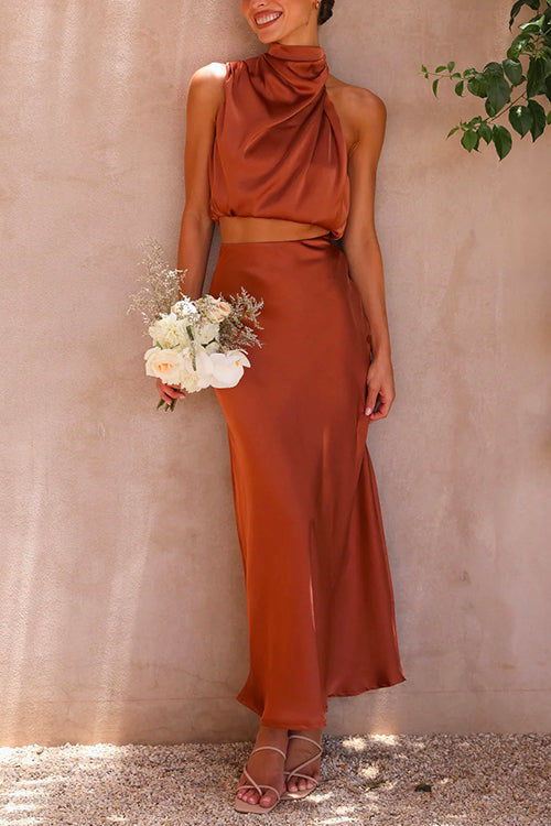 Drune | Rosiedress Rollkragen ärmelloses Cropped Top Hochtaillierter Maxirock Satin Set