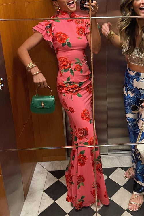 Drune | Rüsch-Ärmeln Rosenmuster Maxi Cheongsam Kleid