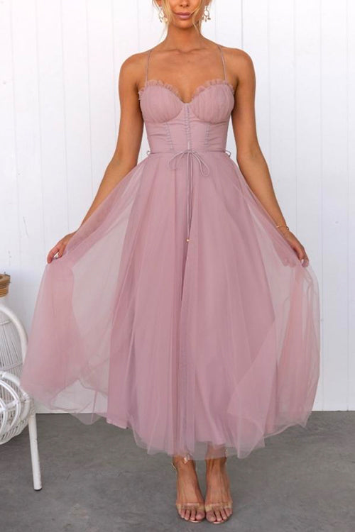 Drune | Rosiedress Rückenausschnitt Bindegürtel Mesh Swing Maxi Spaghettiträger Kleid