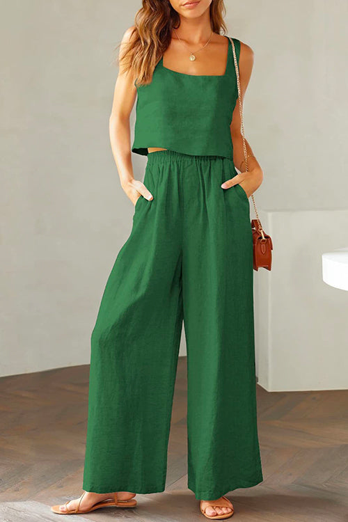 Drune | Rosiedress Quadratischer Kragen Cami Crop Top Weite Bein Hose Baumwolle Leinen Set