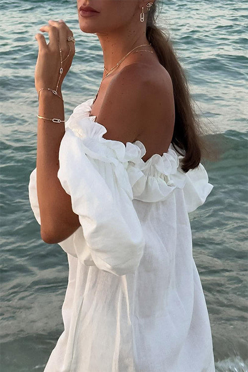 Drune | Rosiedress Off Shoulder Rüsche Trim Schlitz Baumwolle Leinen Maxi Urlaub Kleid