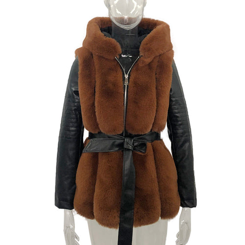 Drune Stil Pelz Gürtel Gürtel Mit Kapuze Zipper Jacke für Damen