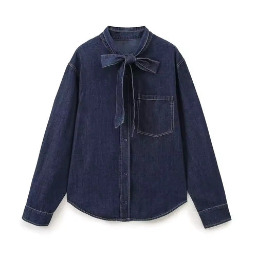 Drune | Dunkle Denim Bluse Mit Schleifenkragen