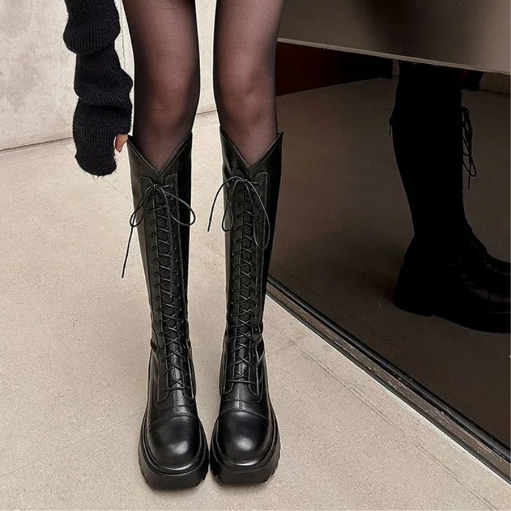 Drune | Hohe Stiefel Damenstiefel mit Schnürung und Robuster Ferse