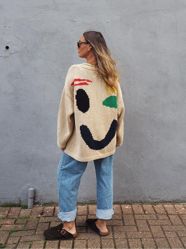 Drune | Strickpullover im Künstlerstil - Gemütlicher Freizeit Jumper mit abstraktem Gesichtsmuster