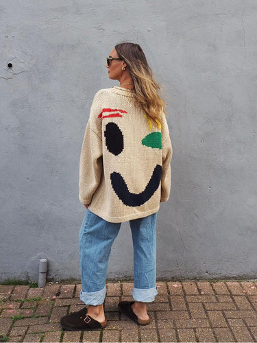 Drune | Strickpullover im Künstlerstil - Gemütlicher Freizeit Jumper mit abstraktem Gesichtsmuster