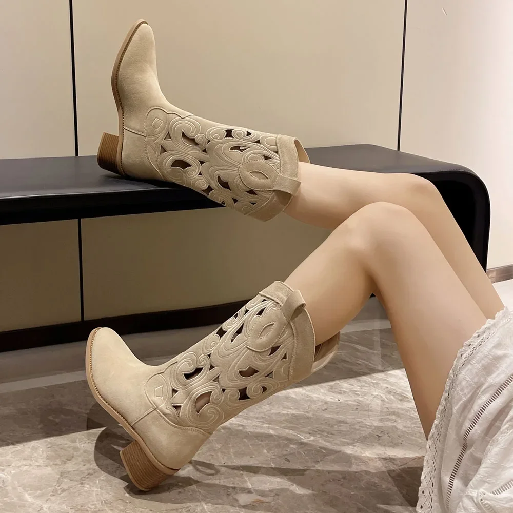 Drune | Bestickte Westernstiefel Damen mit Dekorativen Ausschnitten, Cowboystiefel Damen