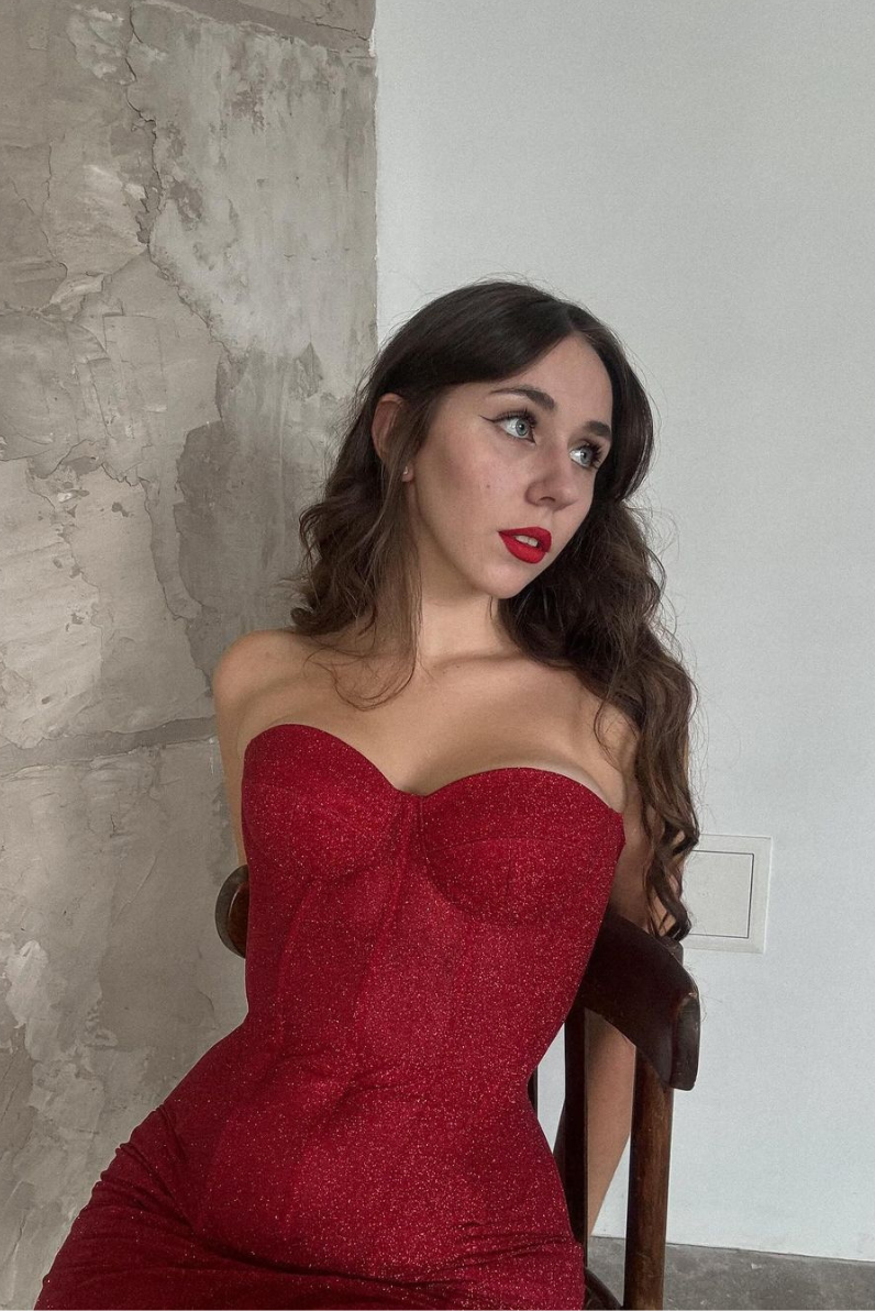 Drune | Trägerlos Glitzer Rot Korsett Mini Kleid