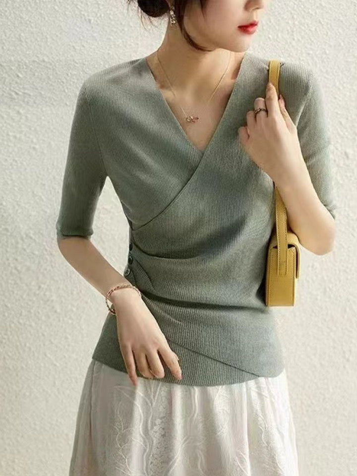 Drune | Casual V-Ausschnitt Unifarben Stricktop Grün