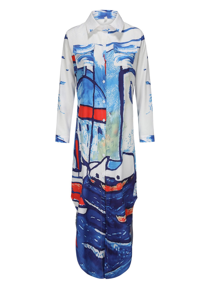 Drune | Langarm Kleid mit Gesichtsmuster in Blau und Weiß