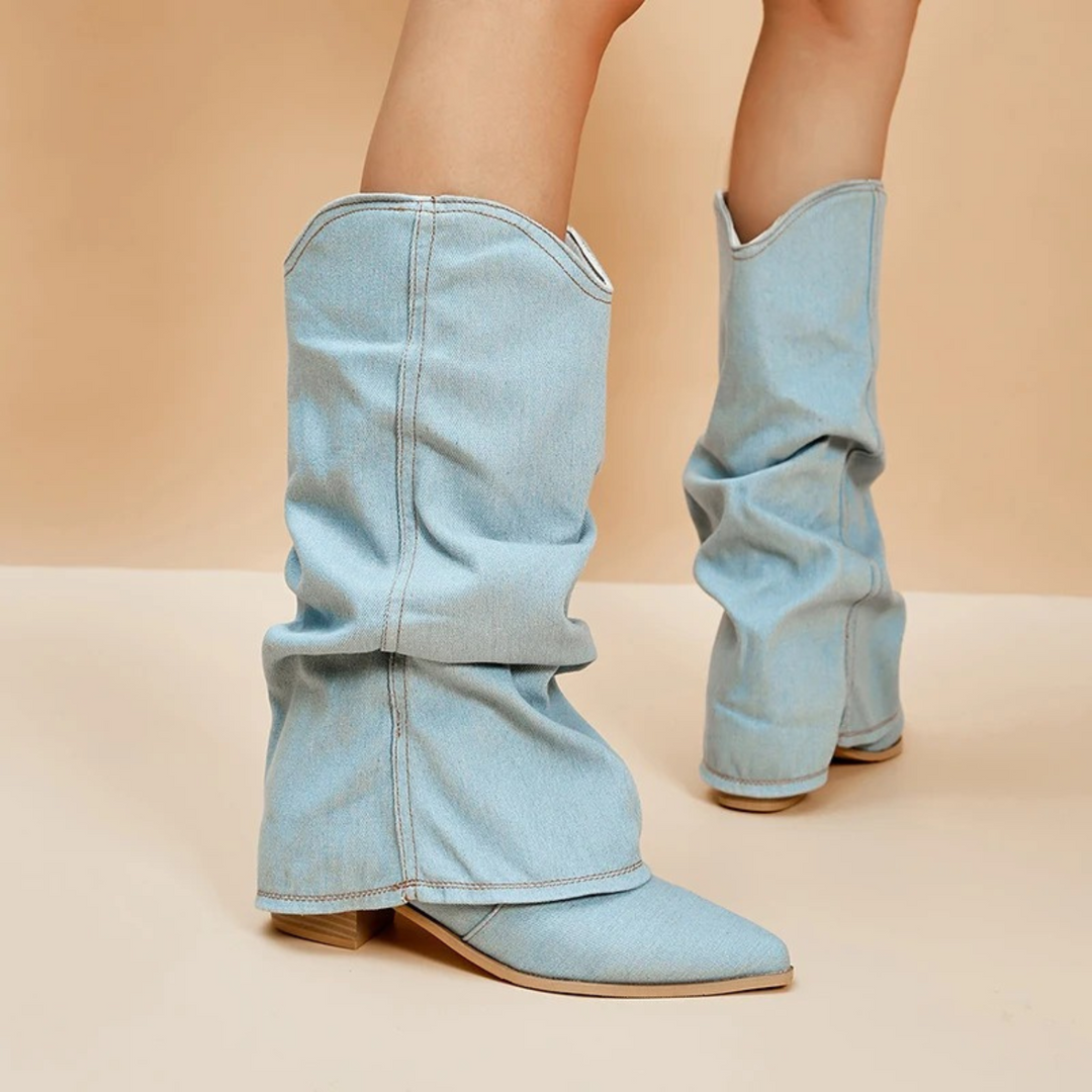 Drune | gefaltete denim-stiefel mit blockabsatz