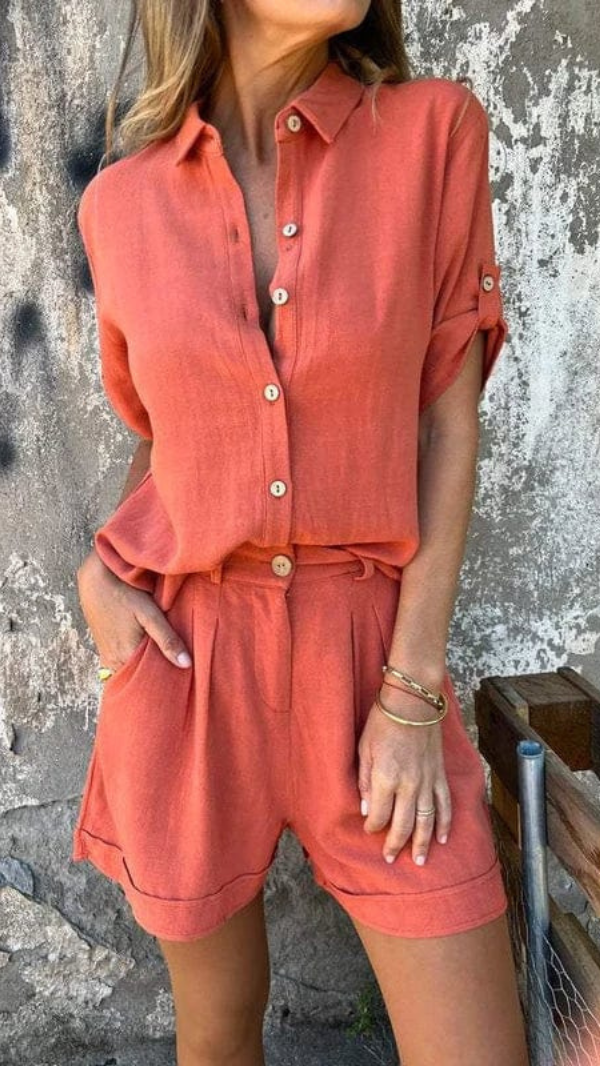 Drune | Knitterfreies Leinen Damen Satz Kurze Hose Und Bluse Mit Atmungsaktivem Komfort