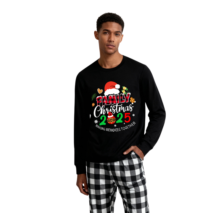 Drune | Familie Weihnachten 2025 Gemeinsam Erinnerungen Schaffen Textdruck Schwarzes Langarmshirt mit Schwarz-weißen Karohosen Familienpassende Pyjamas