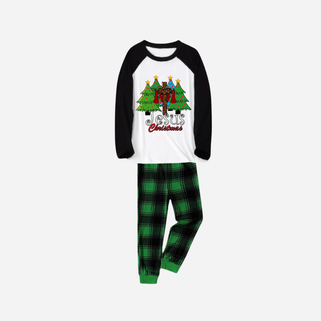 Drune | Jesus Weihnachtsfamilie passende Pyjama-Set - Schwarzes und weißes Oberteil mit grünen Karohosen