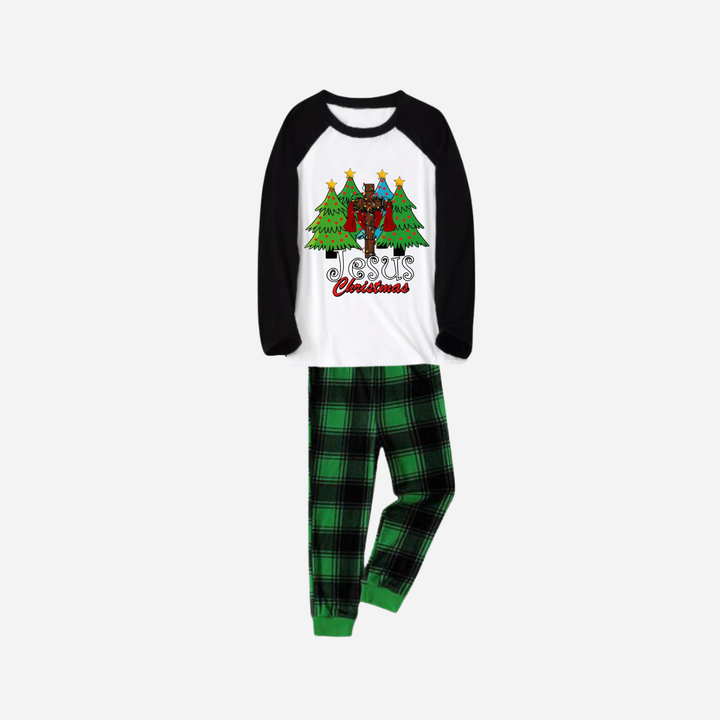 Drune | Jesus Weihnachtsfamilie passende Pyjama-Set - Schwarzes und weißes Oberteil mit grünen Karohosen