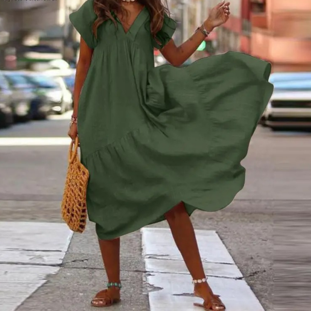 Drune – Blusenkleid im Maxi-Stil mit V-Ausschnitt und Rüschen