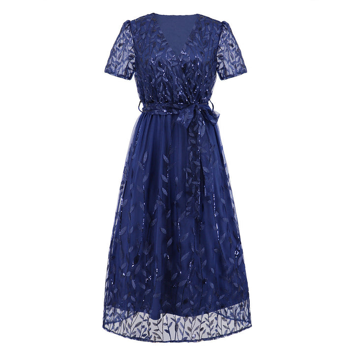 Drune | Kurzärmliges Kreuz V-Ausschnitt Gürtel Midi Kleid