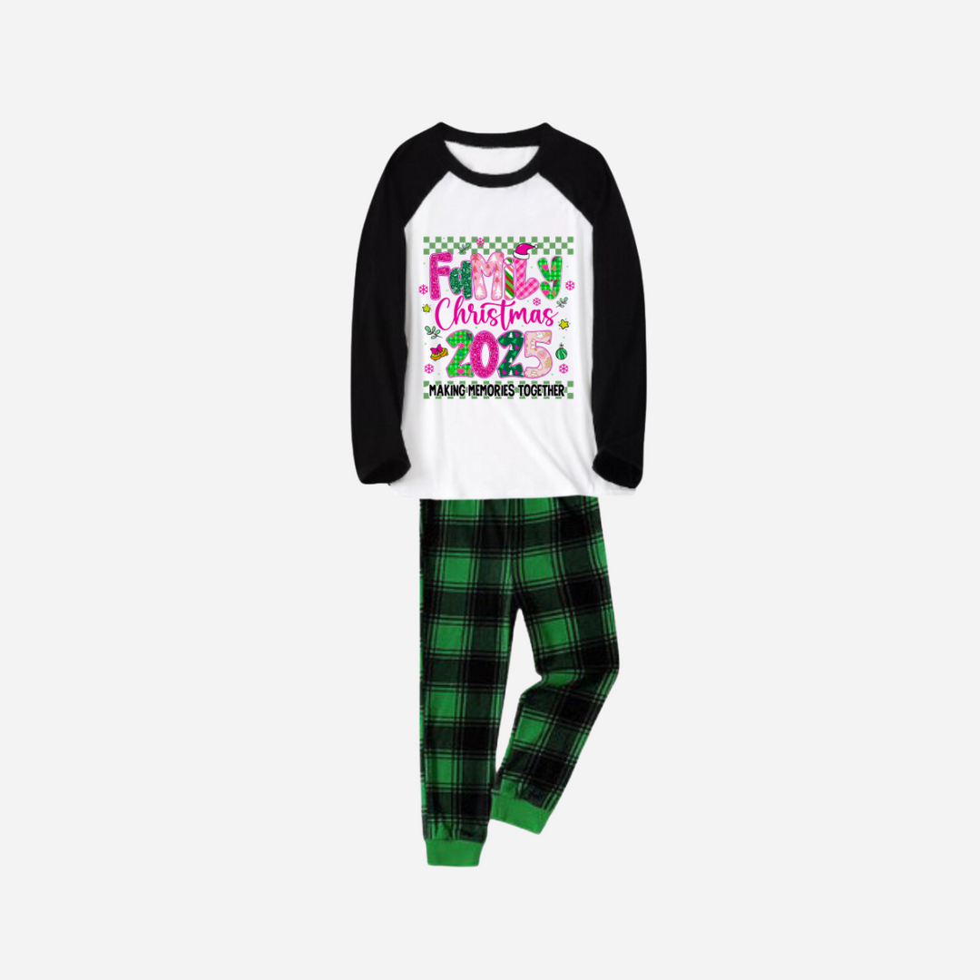Drune | "Familienweihnachten 2025" Faux Glitter Passende Pyjama-Set - Schwarzes und Weißes Oberteil mit Grünen Karohosen