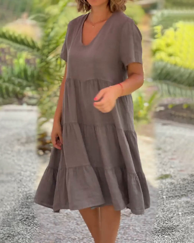 Drune | Einfarbiges Kleid aus Baumwoll-Leinen mit V-Ausschnitt