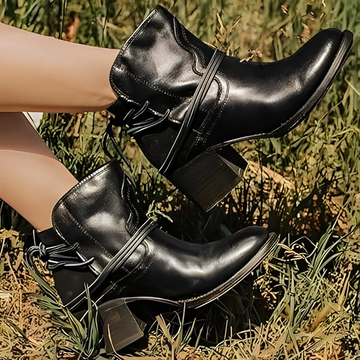 Drune | Damen Western Ankle Boots mit Wickelschnürung, Gewaschenes Leder, Dicke Absätze