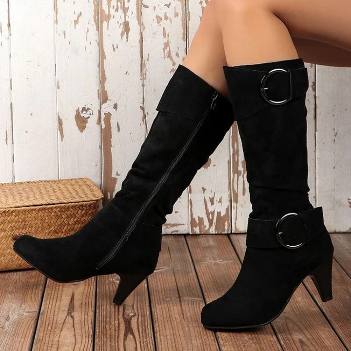 Drune | Damen Knielange Stiefel mit Reißverschluss und Schnalle Stilvolle Hohe Stiefel