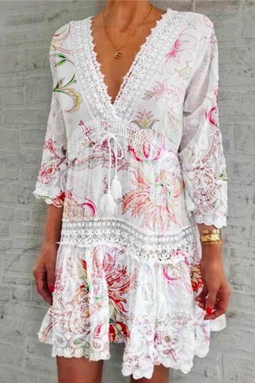 Drune | Rosiedress V-Ausschnitt Spitze Besatz Quasten Schwungkleid