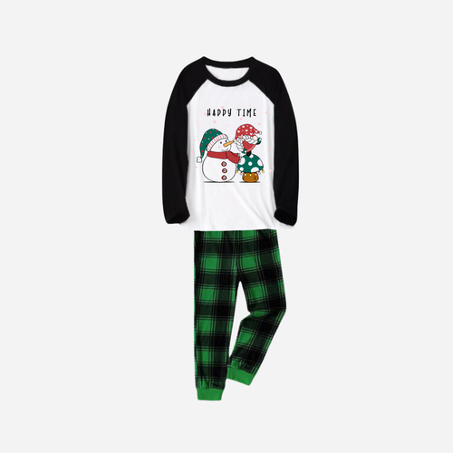 Drune | Schwarzes Raglan-Oberteil Grünes Karomuster Weihnachten Schlafanzug-Set Mit Schneemann und Gnom und 