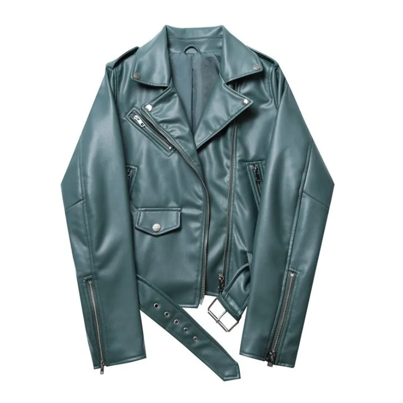 Drune | Damen-Biker-Lederjacke mit Reißverschlüssen und Gürtel