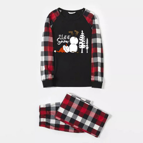Drune | Lass es schneien Buchstaben und Schneemann Muster Kontrast Top mit Rot&Schwarz&Weiß karierten Ärmeln Familien passende Pyjamas