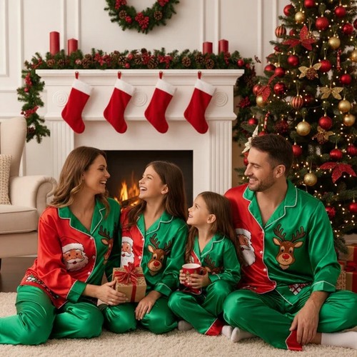 Drune | Feiertagsfamilie Santa Claus Knopf-auf Satin Weihnachtsbaum-Pyjama-Set