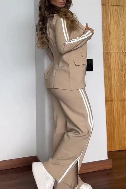 Drune | Rosiedress Farbblock Offene Front Blazer Elastischer Taillen Schlitz Weit Beinform Hose Set