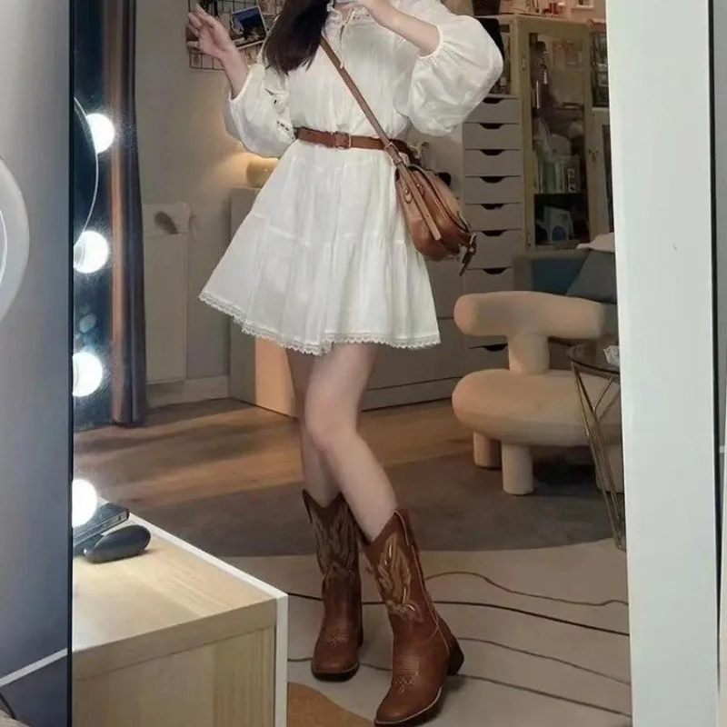 Drune | Western Stil Stiefel Damen mit Spitzem Kopf und Blockabsatz, Cowboy Stiefel Damen
