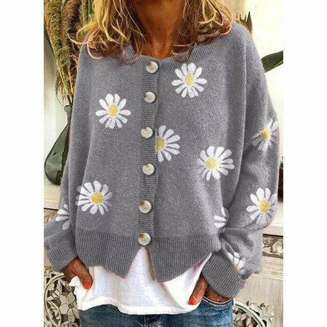 Drune | Strickjacke - Damen Herbst Blumen Knopf-Überzieh Strickjacke